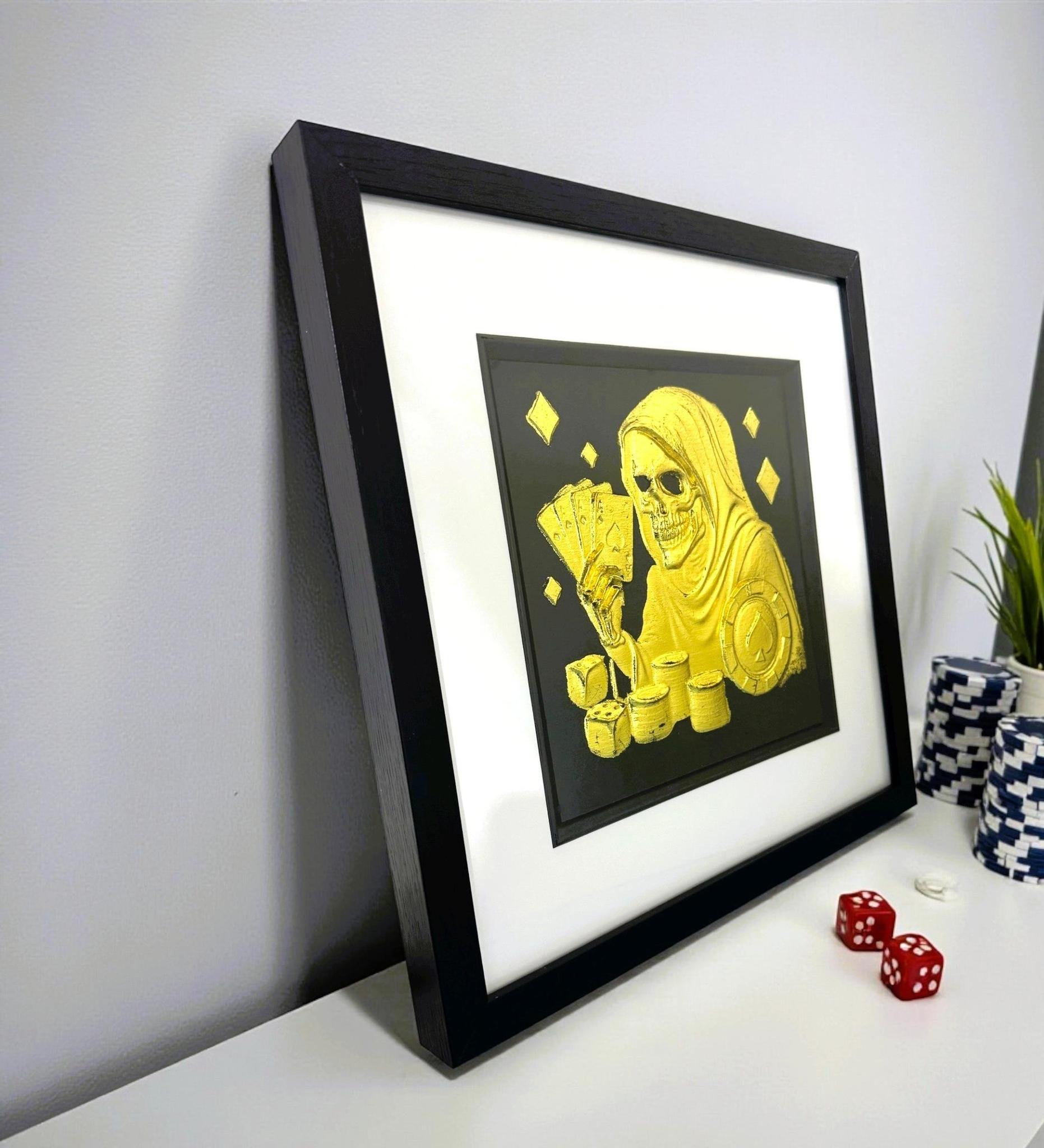 Angled view of Grim Reaper poker wall art showing depth and frame detail