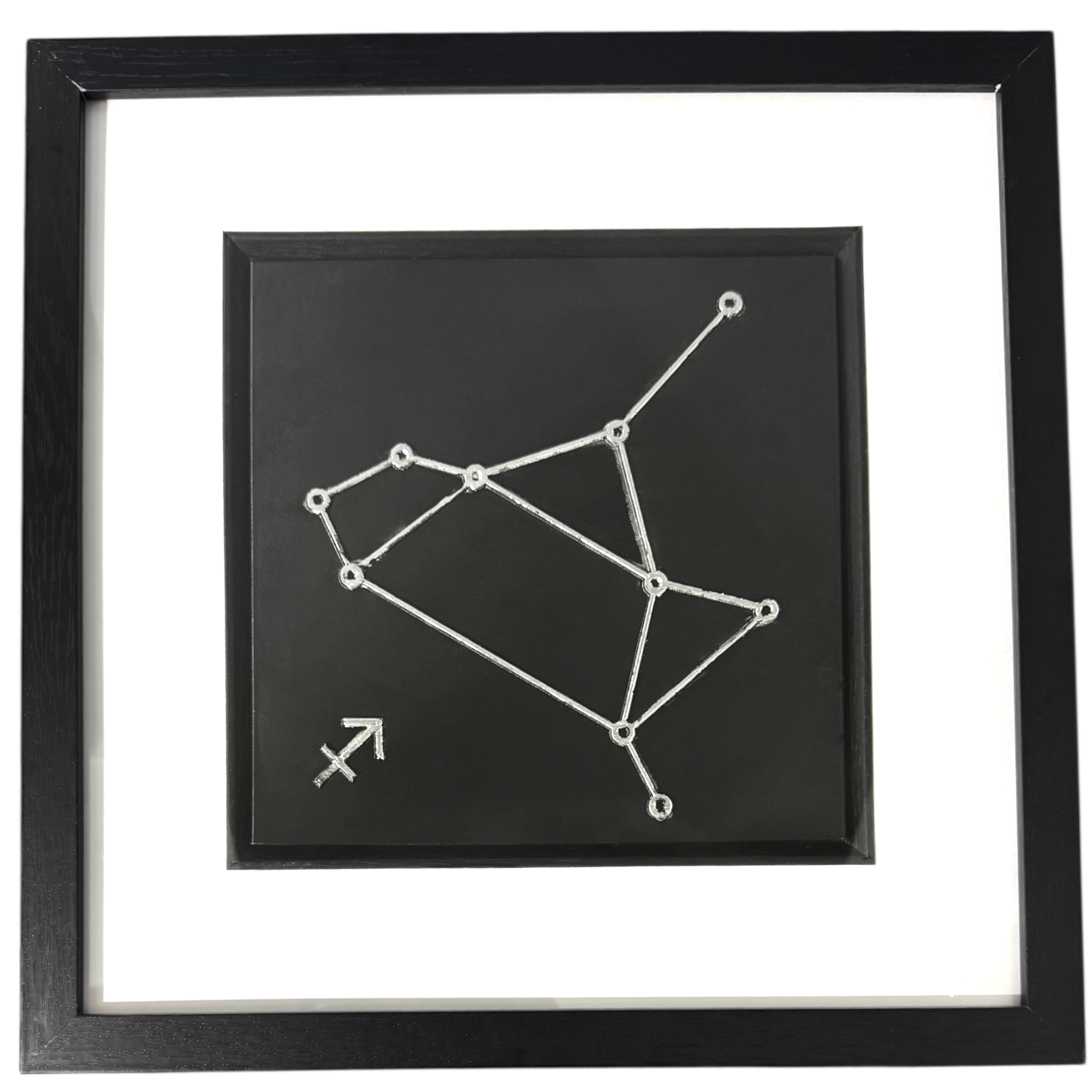 Silver Sagittarius constellation wall art on black background with white mount