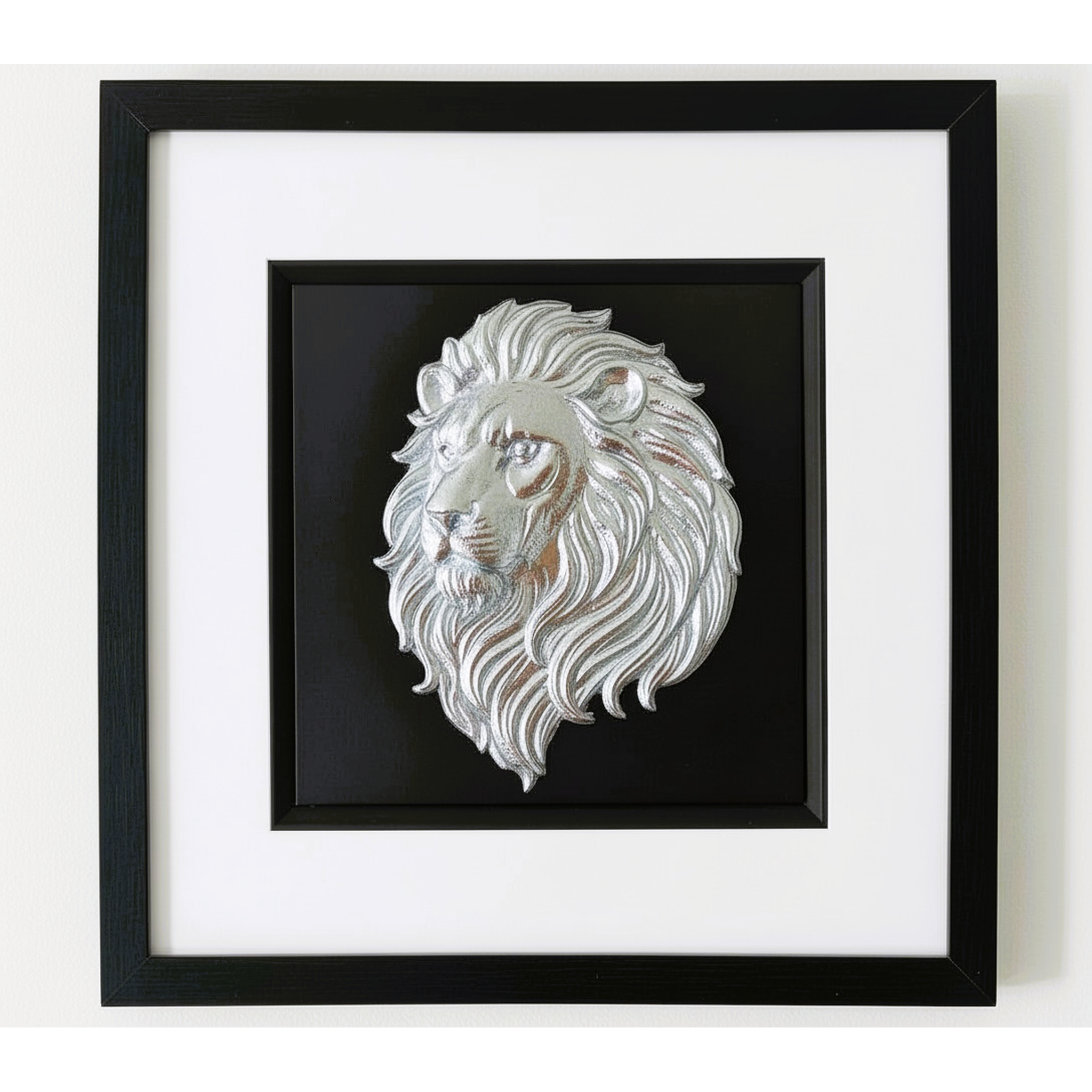 Silver lion wall art framed in black with white mount on black background