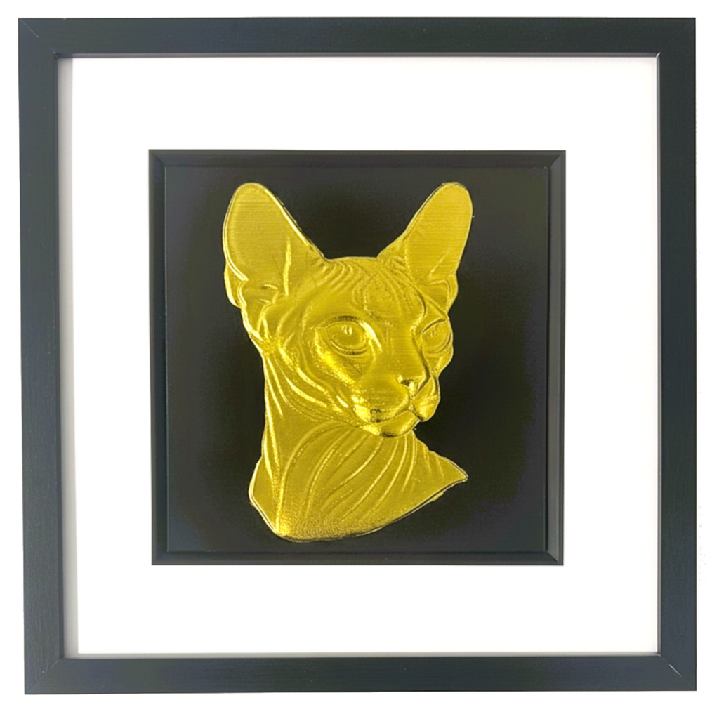Front facing Sphynx cat gold leaf framed wall art in black frame white mount