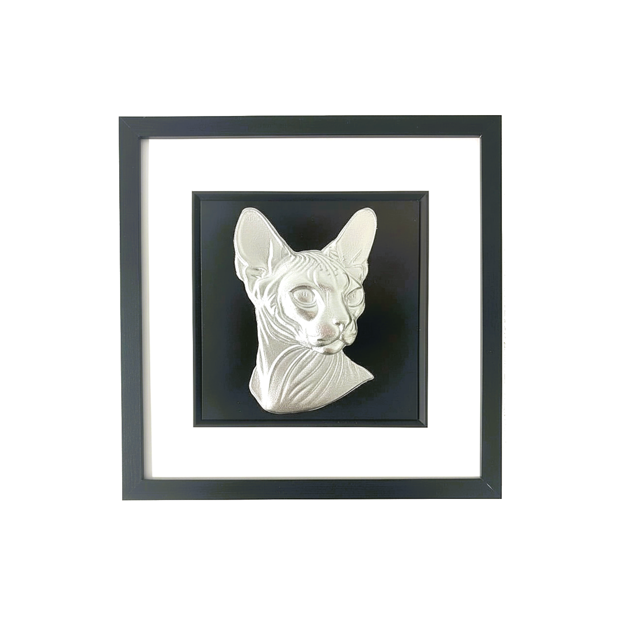 Sphynx cat silver leaf framed wall art front view with black frame white mount and black background