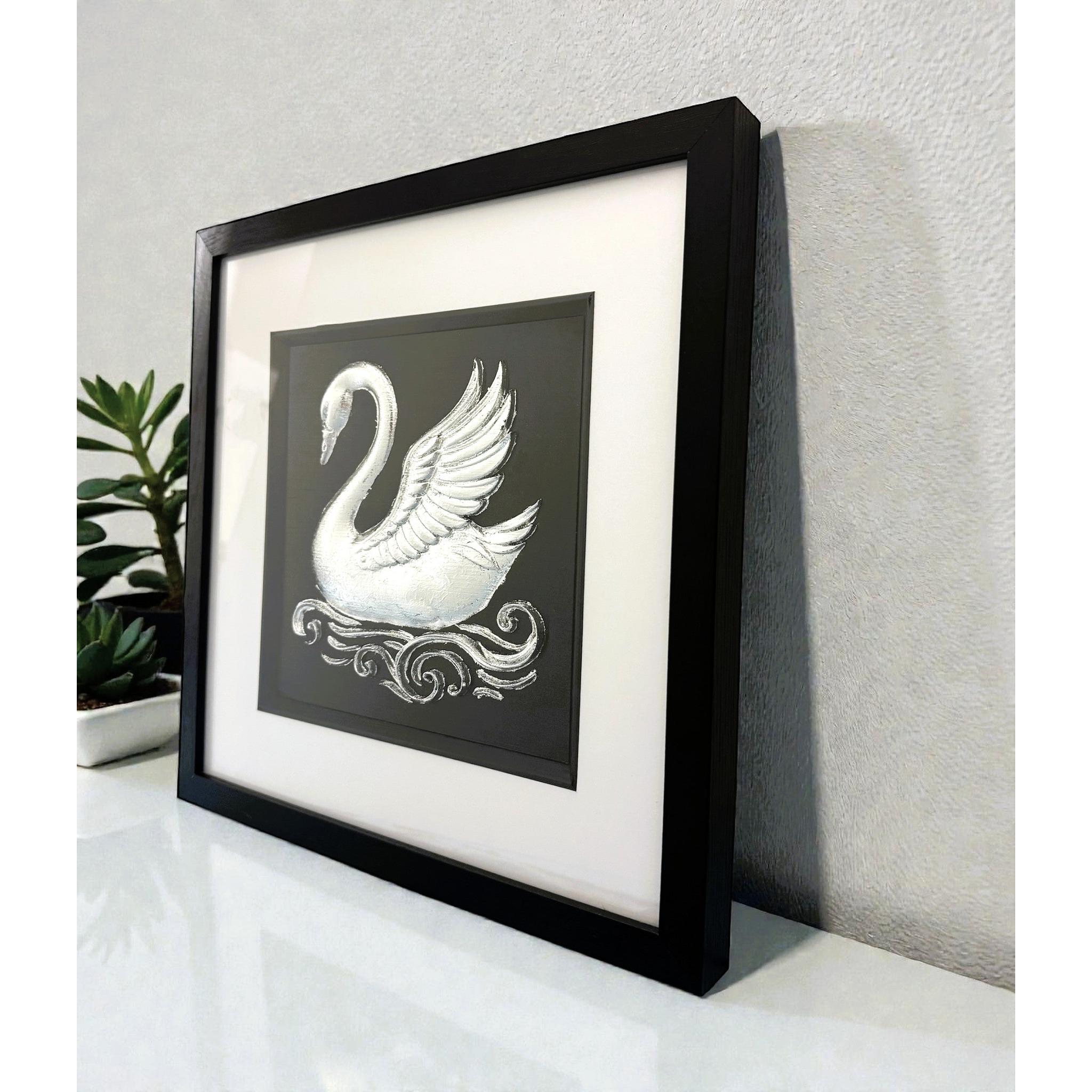 Swan silver leaf wall art framed in black with white mount