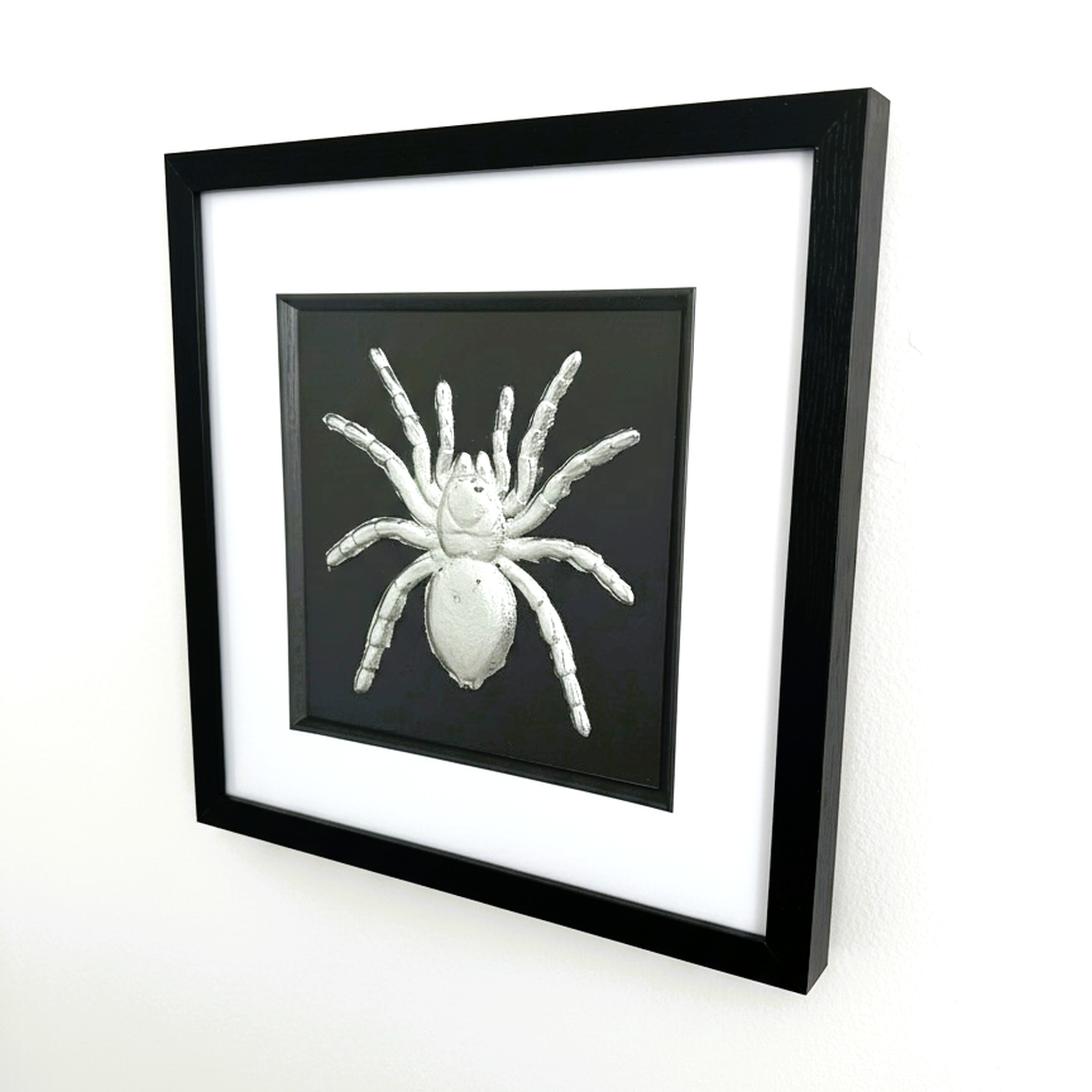 Silver tarantula framed wall art viewed at an angle in a modern interior