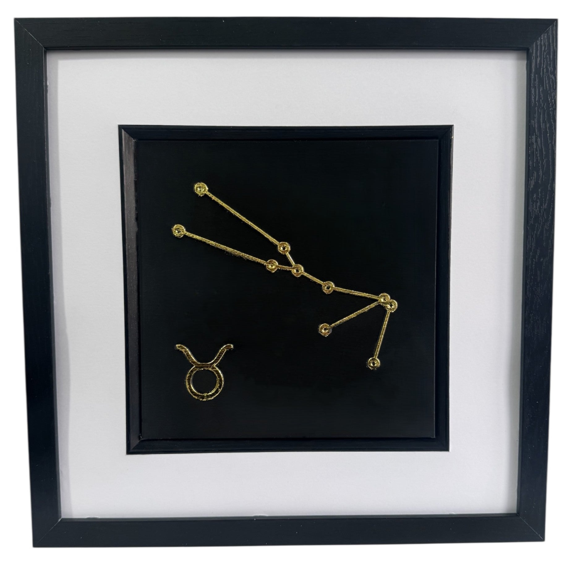 Gold Taurus constellation 3d wall art on black background with white mount