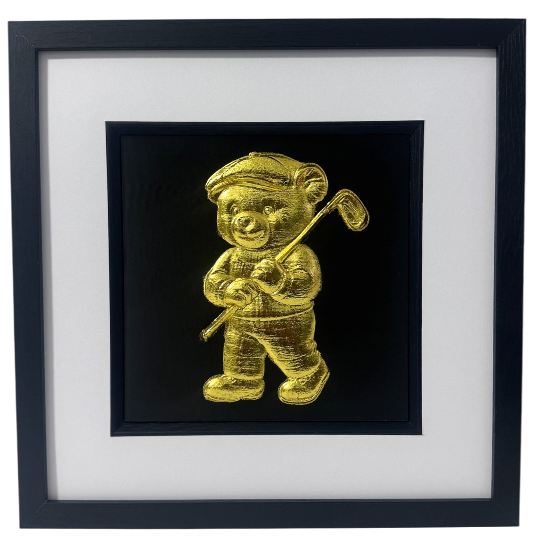 Gold 3D relief wall art of cute teddy bear holding golf club.