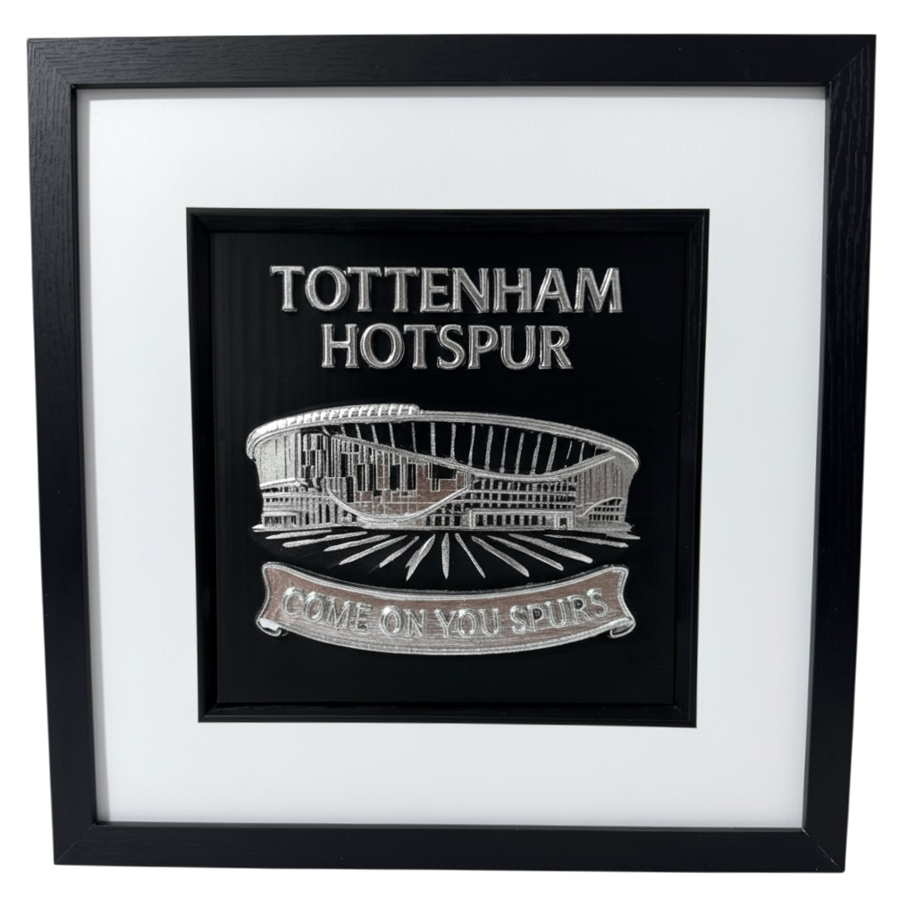Front view Tottenham Hotspur stadium wall art in silver leaf, 3D relief framed in black with white mount, stadium design and Come On You Spurs banner