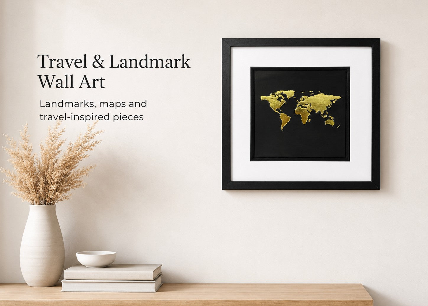 Travel & Landmark Wall Art collection banner with framed gold leaf world map 3D relief art on a black background in a neutral home decor setting.