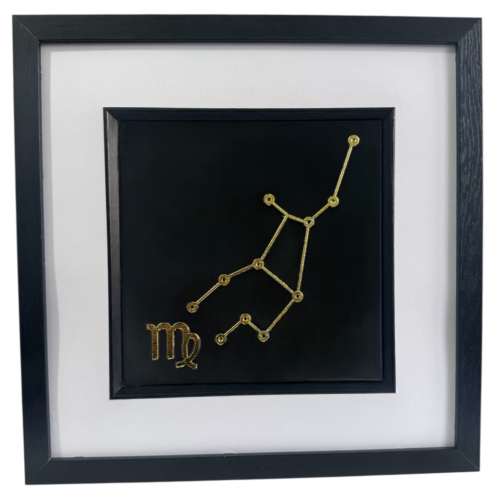 Virgo zodiac constellation wall art framed in black. Gold leaf star sign and symbol on a black background. Luxury astrology gift.