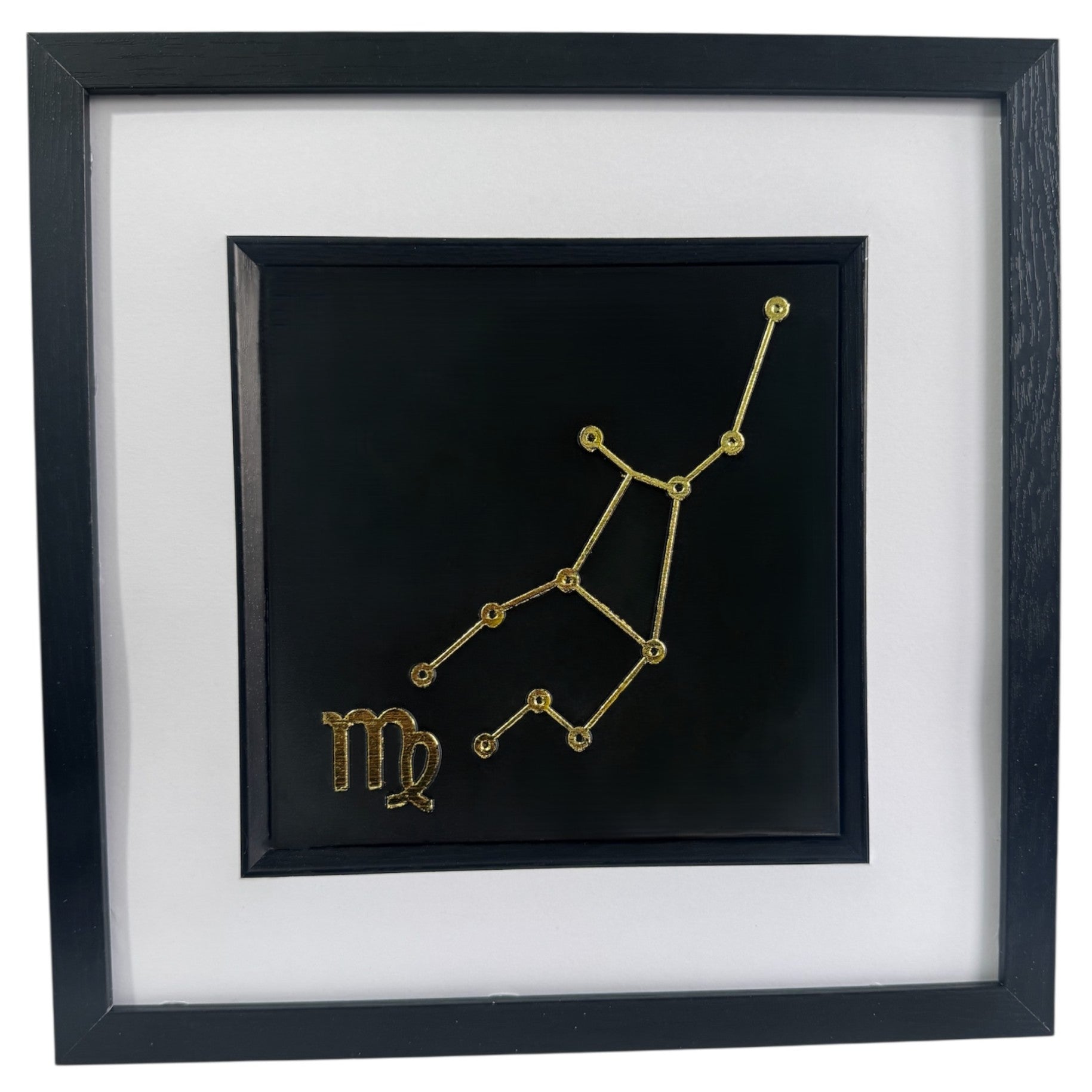 Virgo zodiac constellation wall art framed in black. Gold leaf star sign and symbol on a black background. Luxury astrology gift.