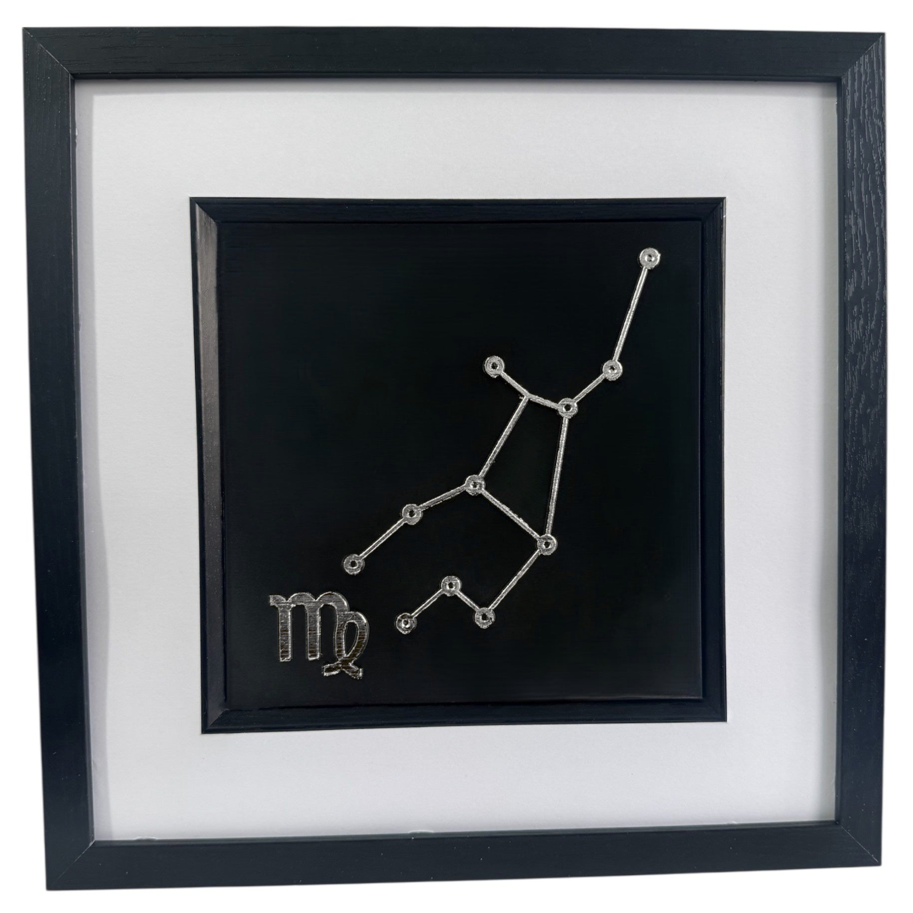 Virgo zodiac constellation 3D wall art framed in black. Silver leaf star sign and symbol on a black background. Luxury astrology gift.
