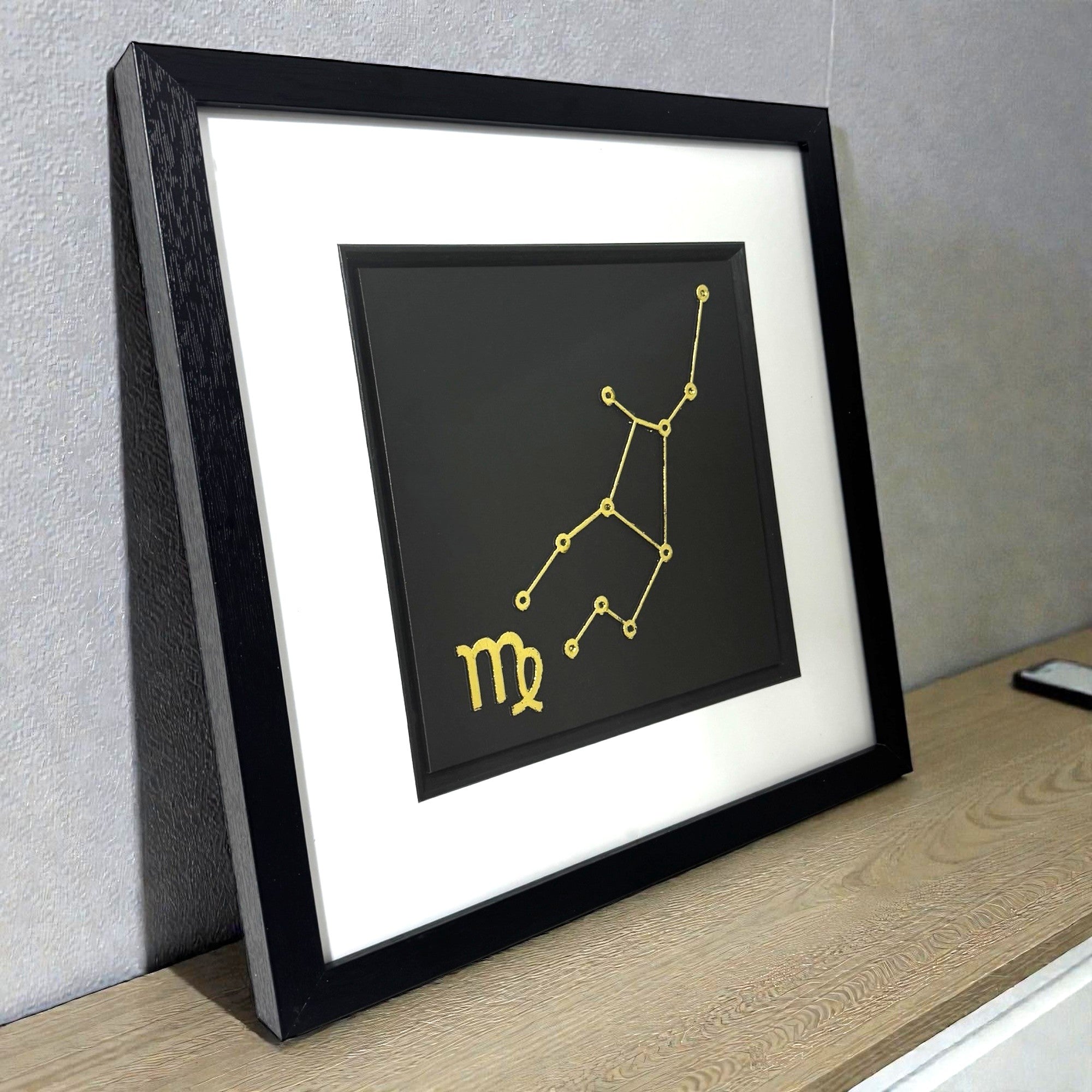 Side view of framed Virgo constellation wall art showing depth