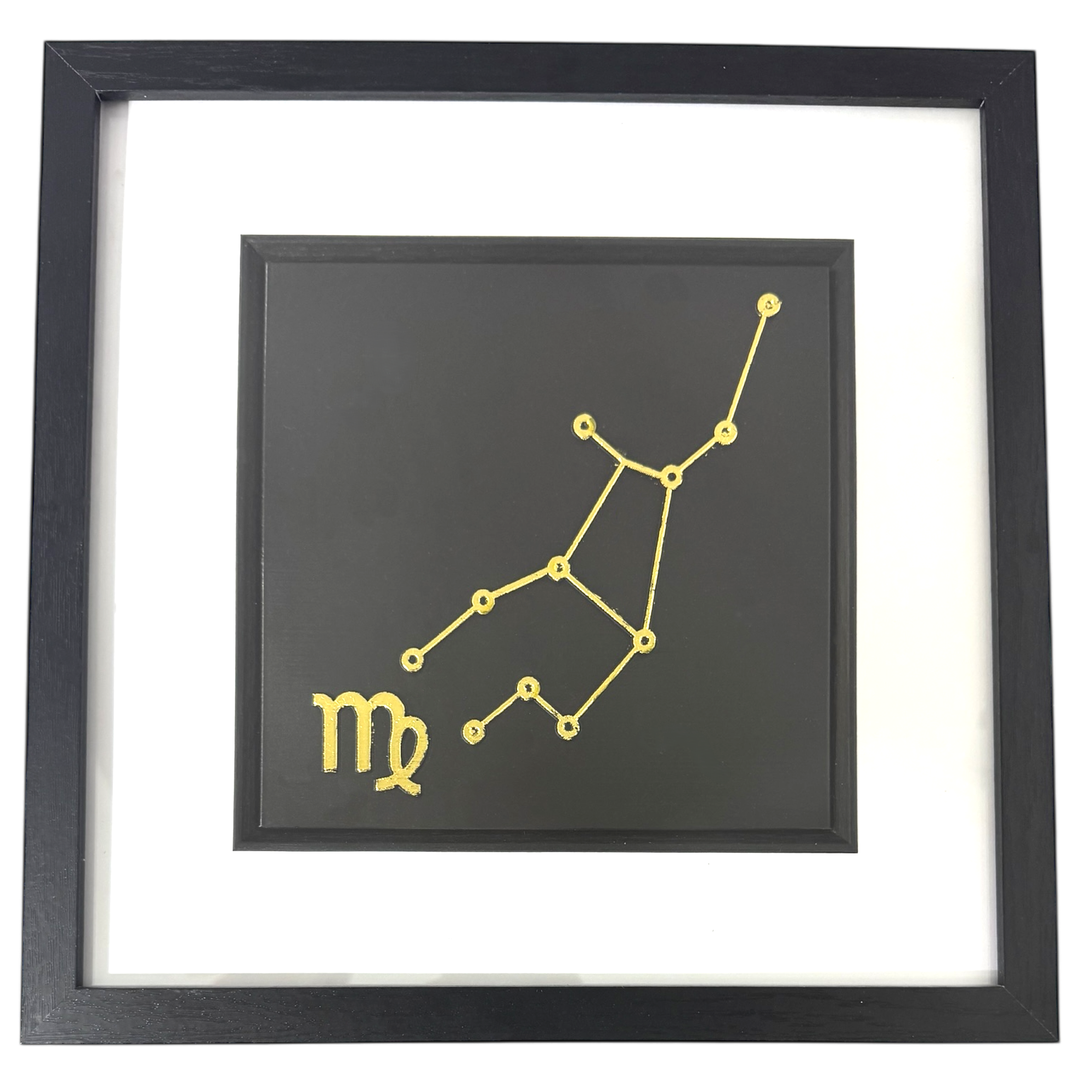 Gold Virgo constellation wall art on black background with white mount