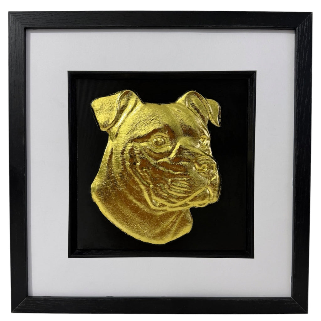 Framed XL Bully wall art with a gold leaf dog portrait on a black background, finished with a black frame and white mount as a premium dog lover gift.