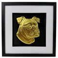 Framed XL Bully wall art with a gold leaf dog portrait on a black background, finished with a black frame and white mount as a premium dog lover gift.