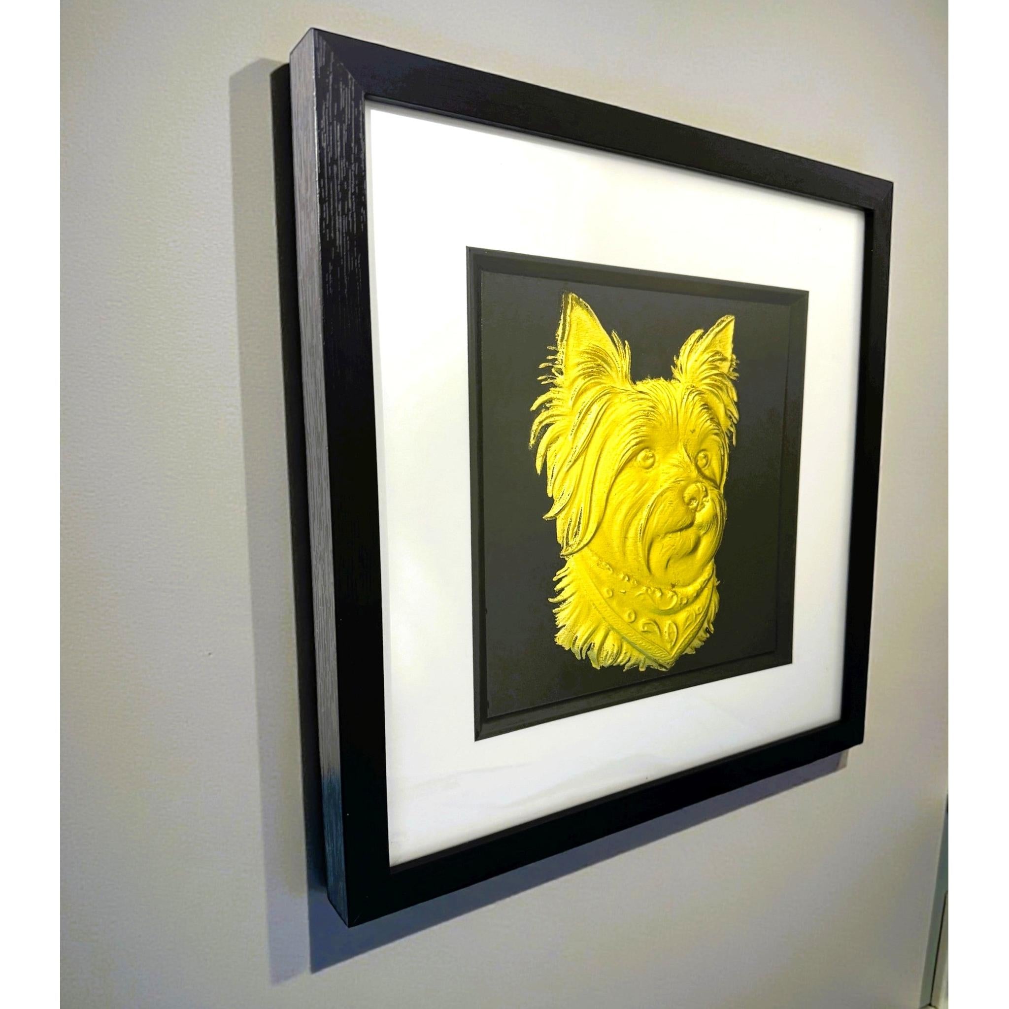 Yorkshire Terrier gold leaf framed wall art with bandana shown at an angle black frame white mount