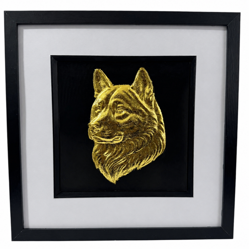 Gold leaf Akita dog wall art in a black frame, handmade 3D relief pet portrait with white mount and black background