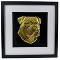 Framed American Bulldog wall art featuring a raised gold leaf portrait on a black background with a white mount