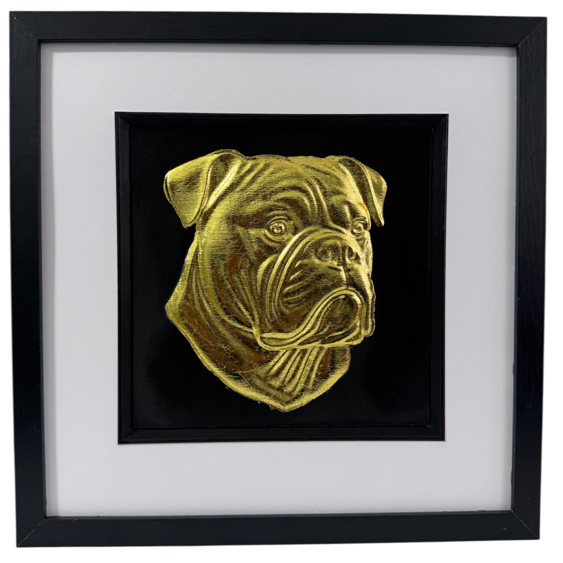 Framed American Bulldog wall art featuring a raised gold leaf portrait on a black background with a white mount