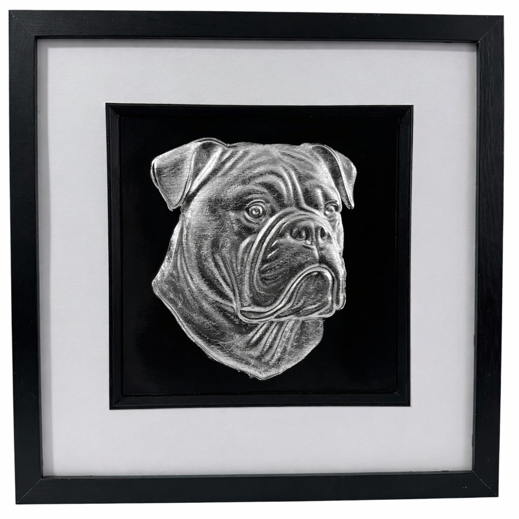 Framed American Bulldog wall art featuring a raised silver leaf portrait on a black background with a white mount