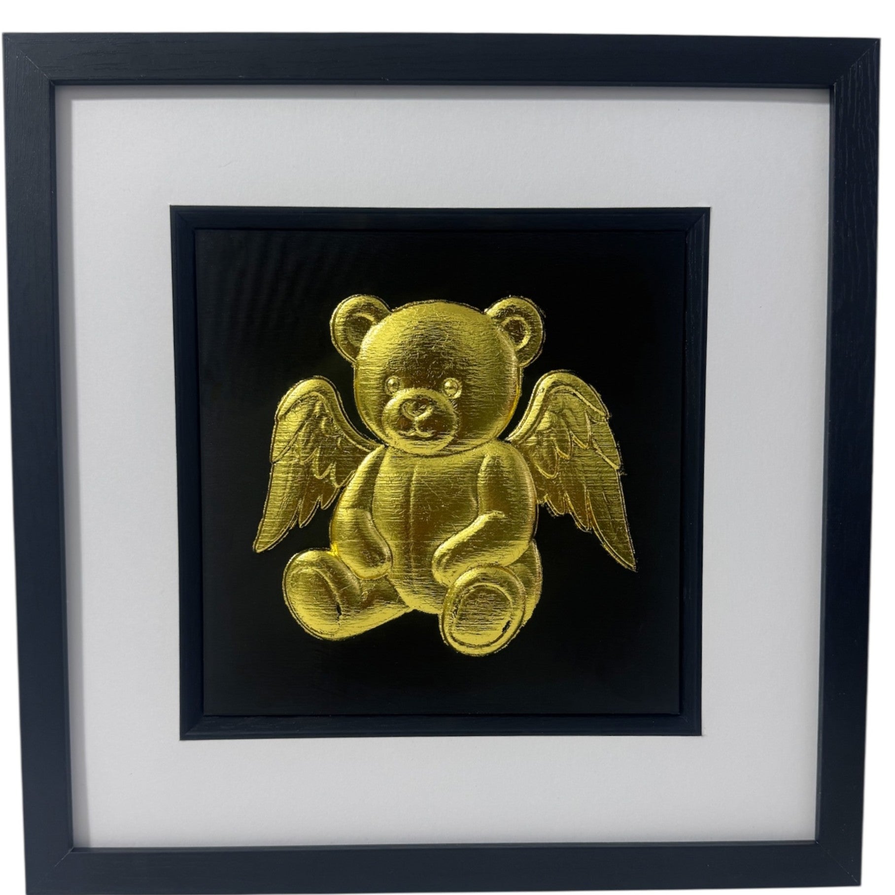 Angel teddy bear gold leaf framed wall art on black background