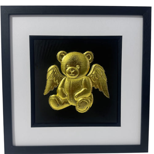 Angel teddy bear gold leaf framed wall art on black background