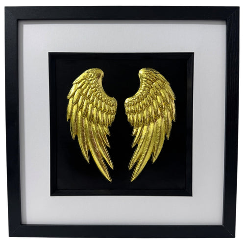 Angel wings framed wall art finished in gold leaf with black frame and white mount memorial or sympathy gift