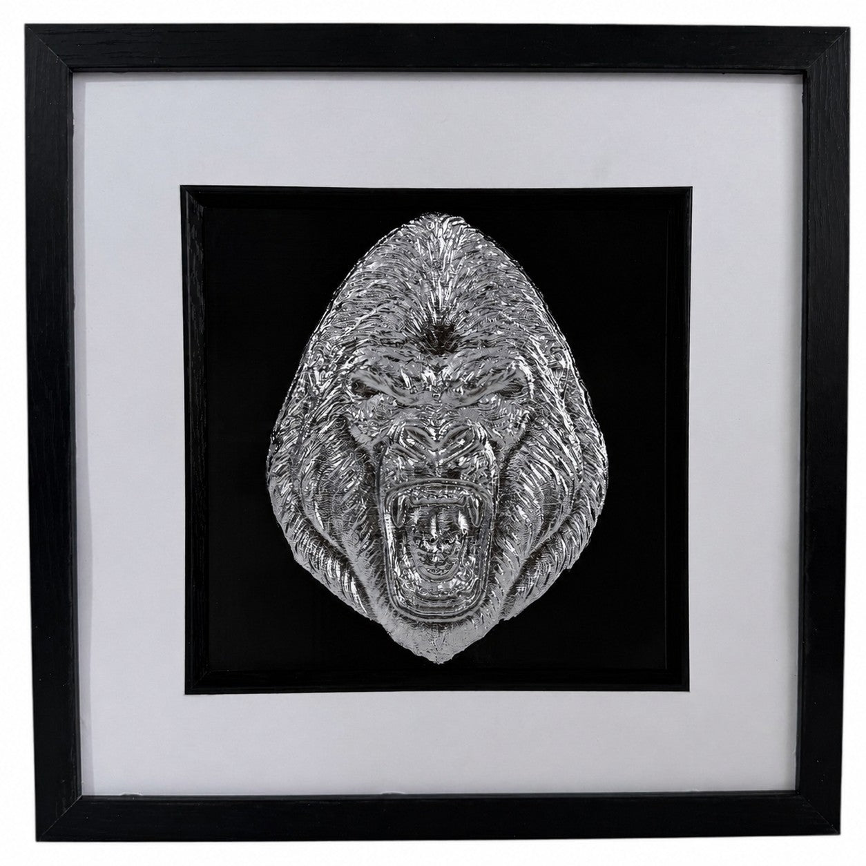 Straight-on gorilla artwork in Silver finish with the same black backing, white mount and black square frame.