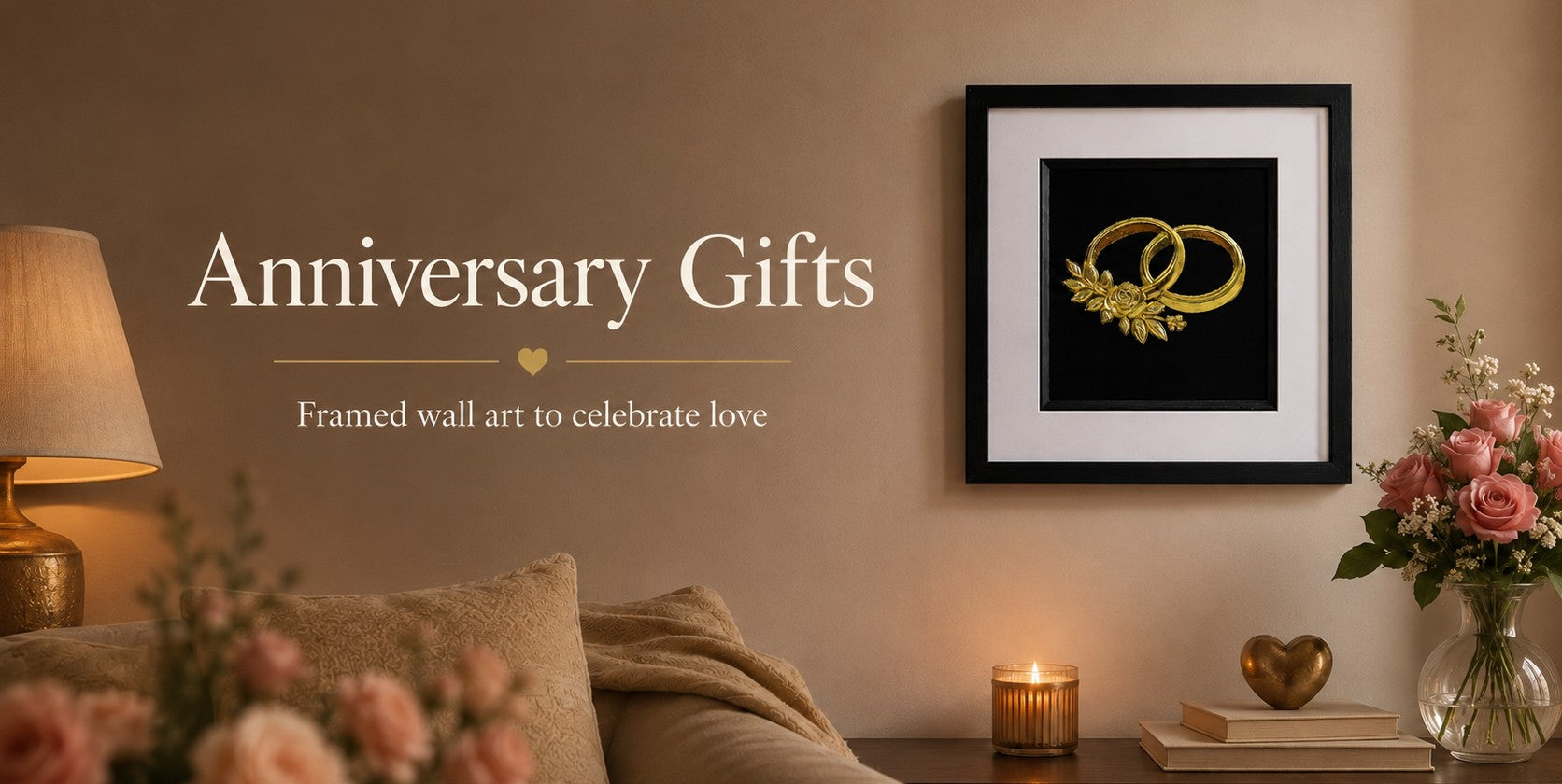 Framed gold wedding rings wall art styled as a romantic anniversary gift for the home