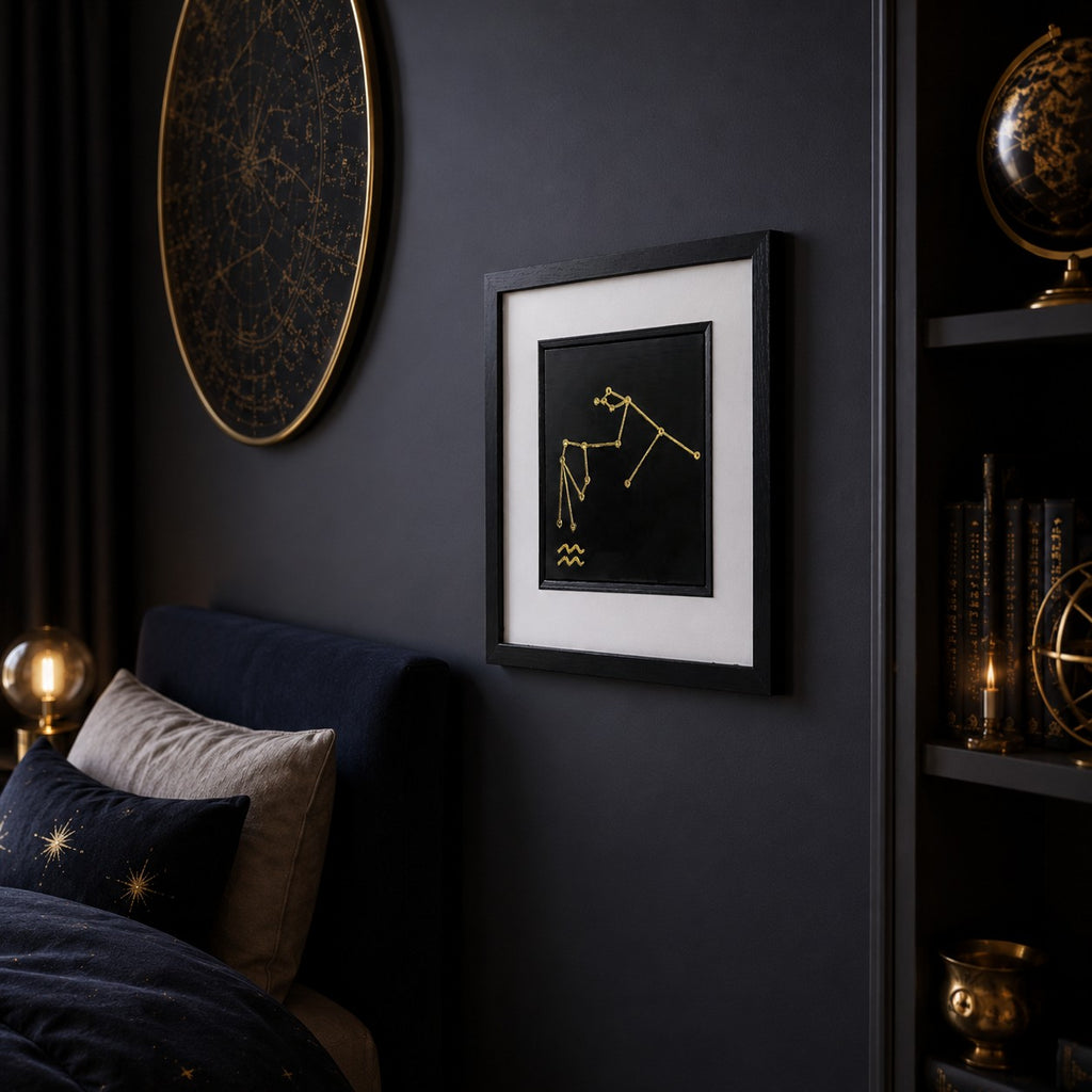Angled wall view of Aquarius zodiac constellation framed wall art in gold, styled in a luxury celestial bedroom with dark decor, star chart and warm gold lighting.