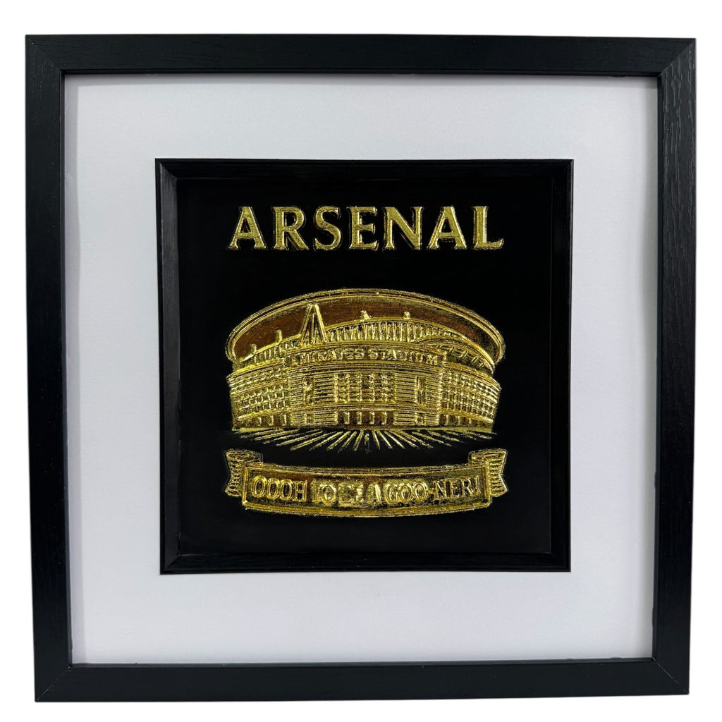 Gold 3D relief wall art of Arsenal Emirates Stadium featuring Oooh To Be A Gooner banner.