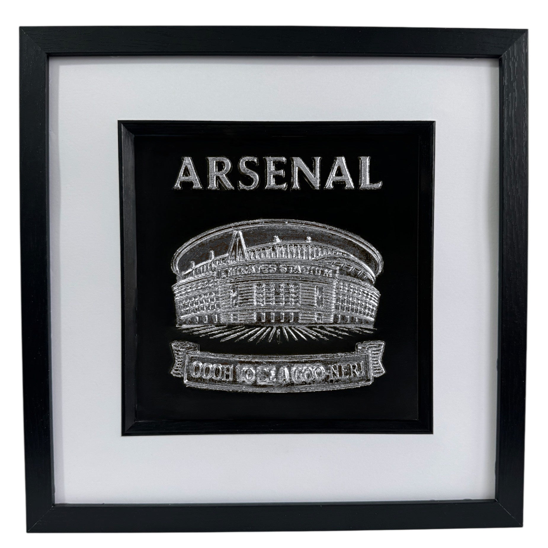 Silver 3D relief wall art of Arsenal Emirates Stadium on black background.
