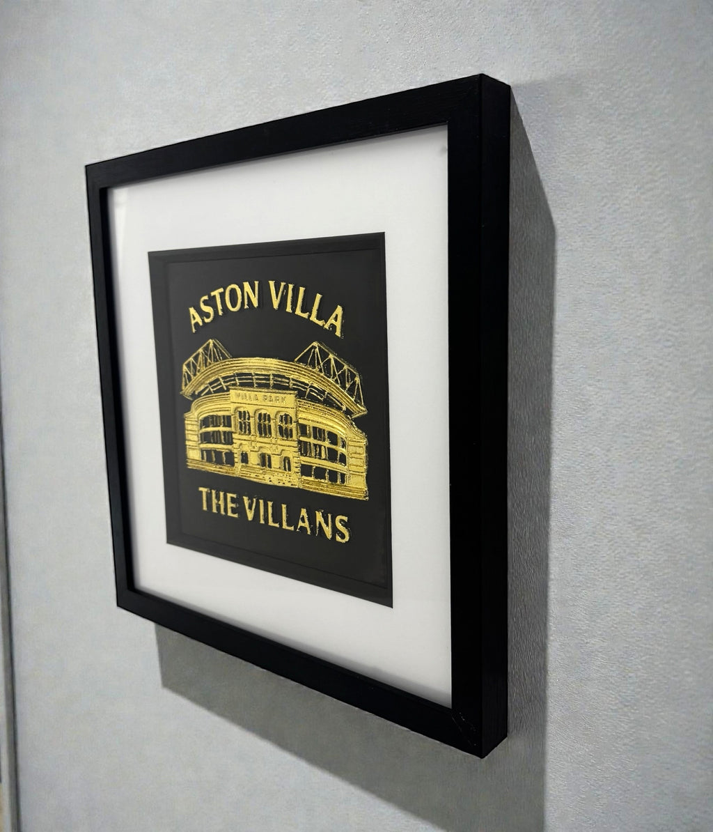 Angled view of Aston Villa stadium 3D relief wall art showing depth and shadow in the frame.
