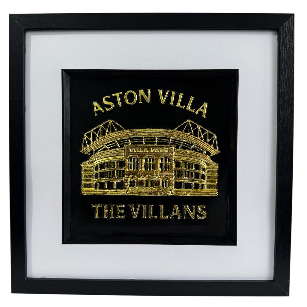 Aston Villa Villa Park 3D wall art in gold leaf, framed in a black box frame with white mount.