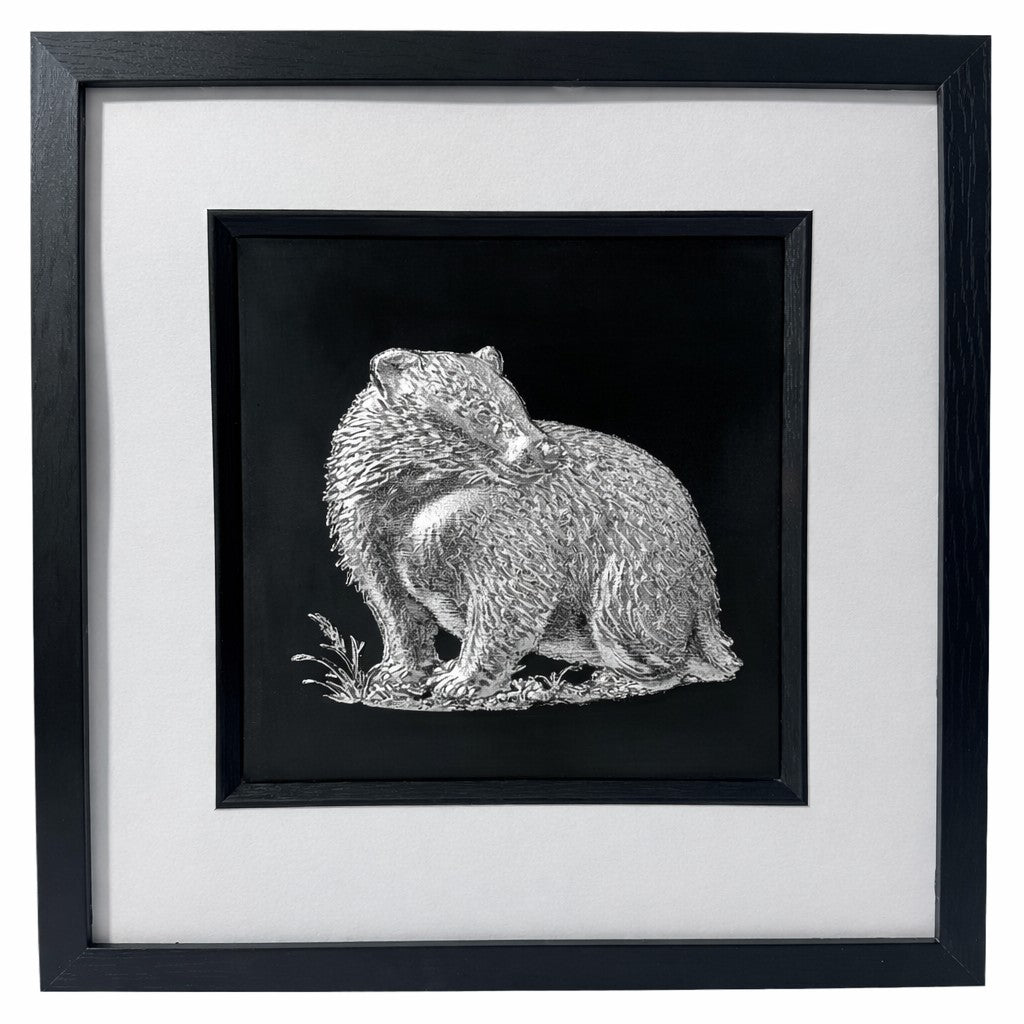 Silver leaf badger art in a black deep-box frame. Luxury wildlife gift for nature lovers.