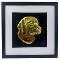 Framed beagle wall art with gold relief portrait on a black background, presented in a black frame with white mount on a clean white background
