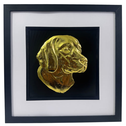 Framed beagle wall art with gold relief portrait on a black background, presented in a black frame with white mount on a clean white background