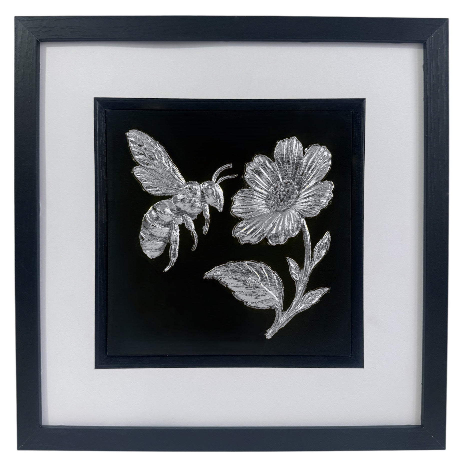 Silver bee and flower wall art framed in black