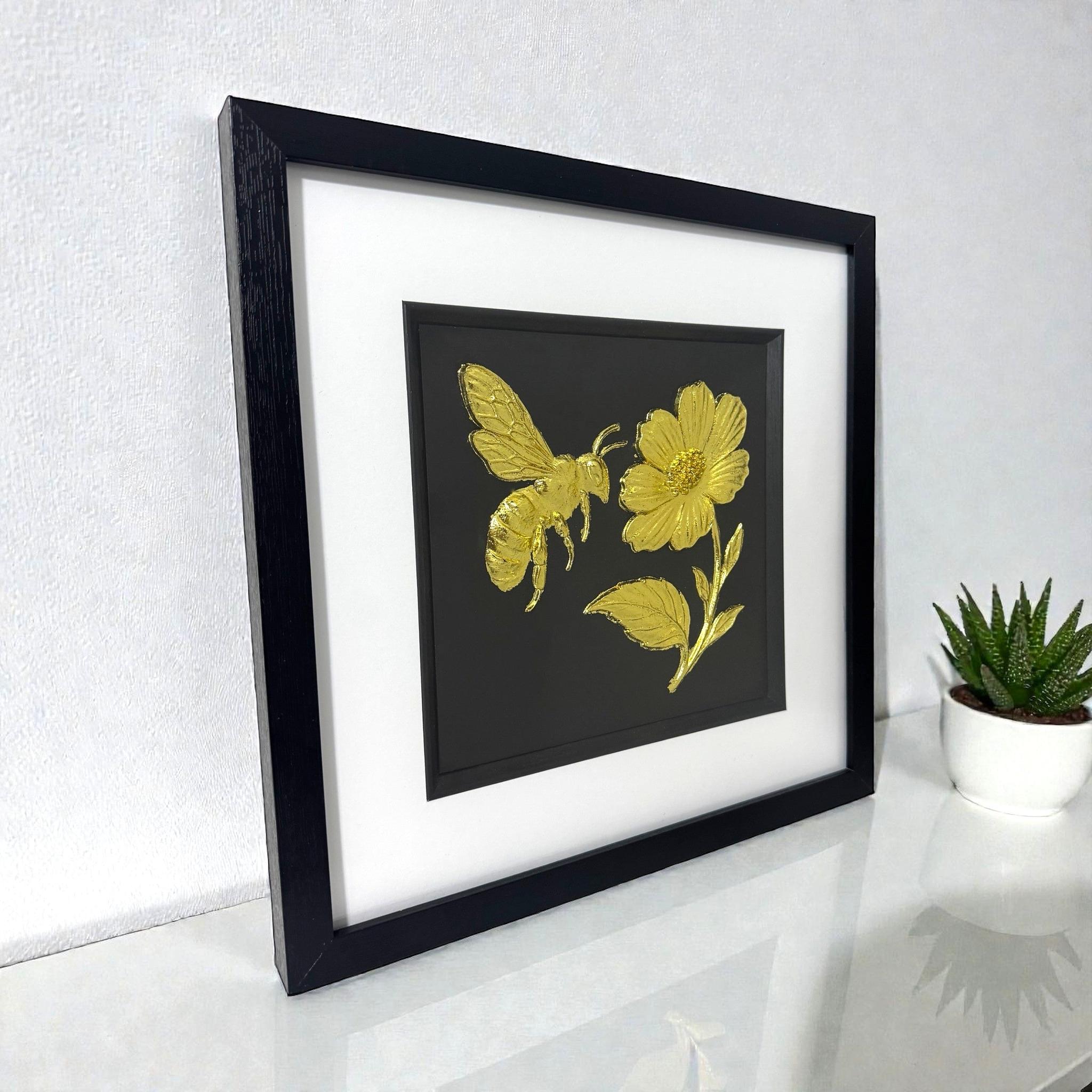 Side view of bee and flower wall art showing frame depth