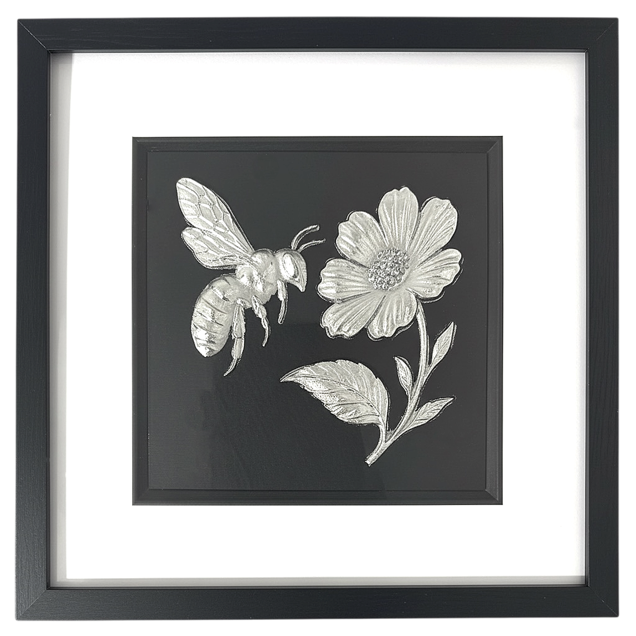 Silver bee and flower wall art framed in black