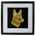 Gold Belgian Malinois framed dog wall art displayed on a black background with a white mount and black frame, designed as a premium pet portrait gift.