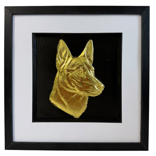 Gold Belgian Malinois framed dog wall art displayed on a black background with a white mount and black frame, designed as a premium pet portrait gift.