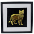 Bengal cat framed wall art in gold leaf with black frame, white mount, and black background