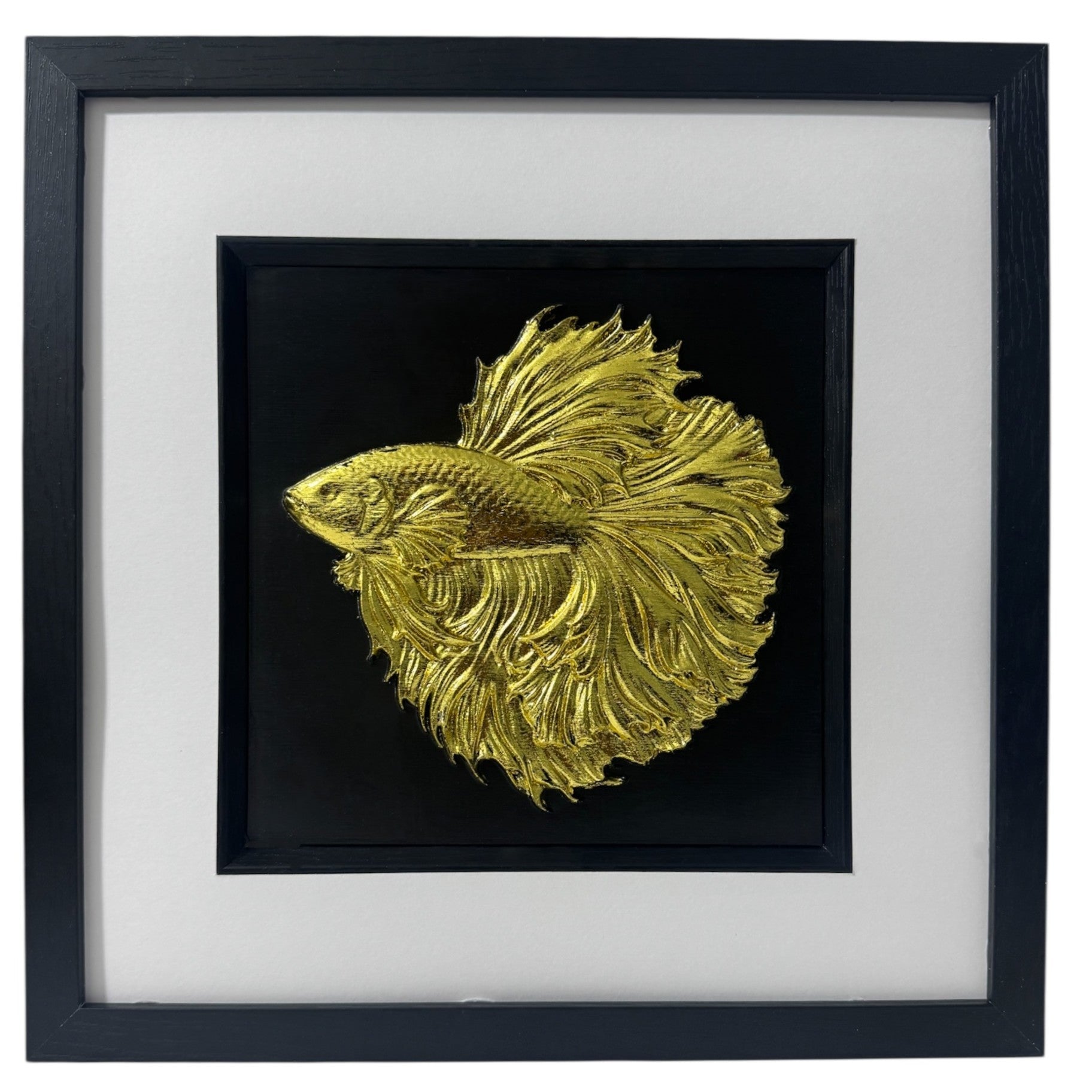A luxury 3D relief sculpture of a Betta Fish with flowing fins, finished in metallic gold leaf and presented in a black gallery box frame.