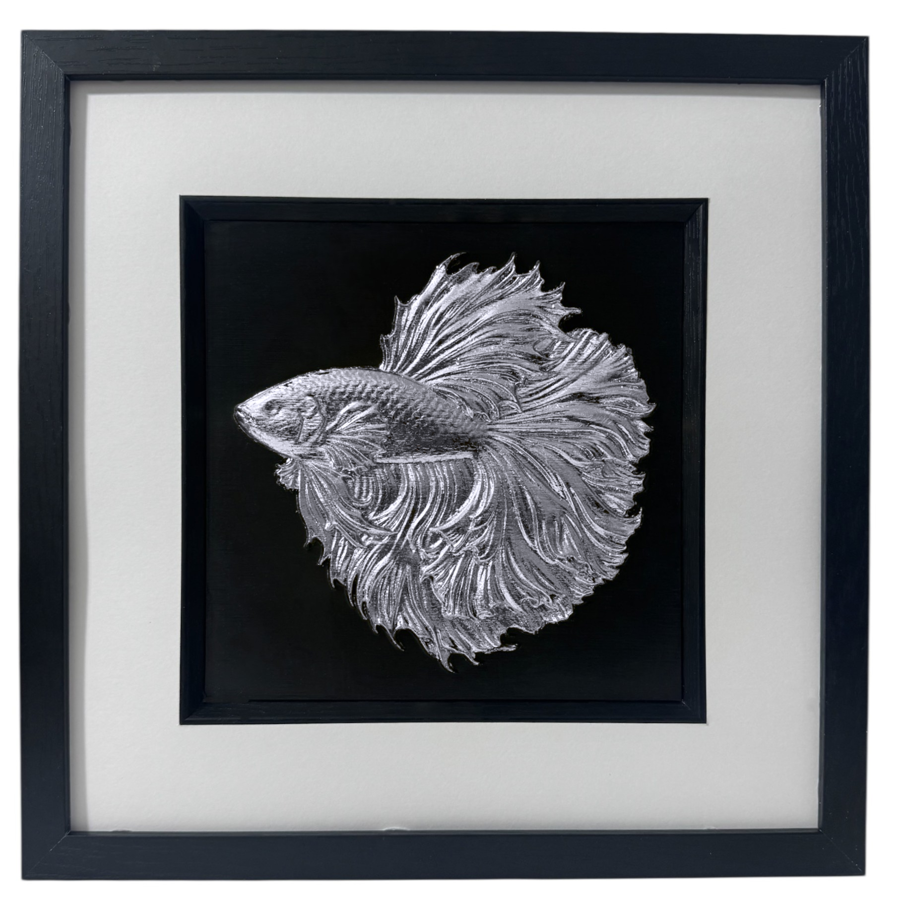A handmade Siamese Fighting Fish 3D wall art piece finished in bright metallic silver leaf, showing the intricate texture of the fins against a black background.