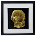 Bichon Frise gold leaf framed dog wall art with a detailed raised portrait on a black background, white mount and black frame for luxury pet home decor.