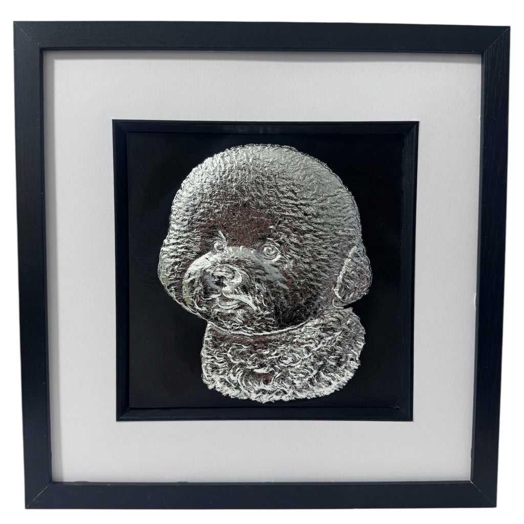 Bichon Frise framed wall art finished in silver leaf with black frame and white mount