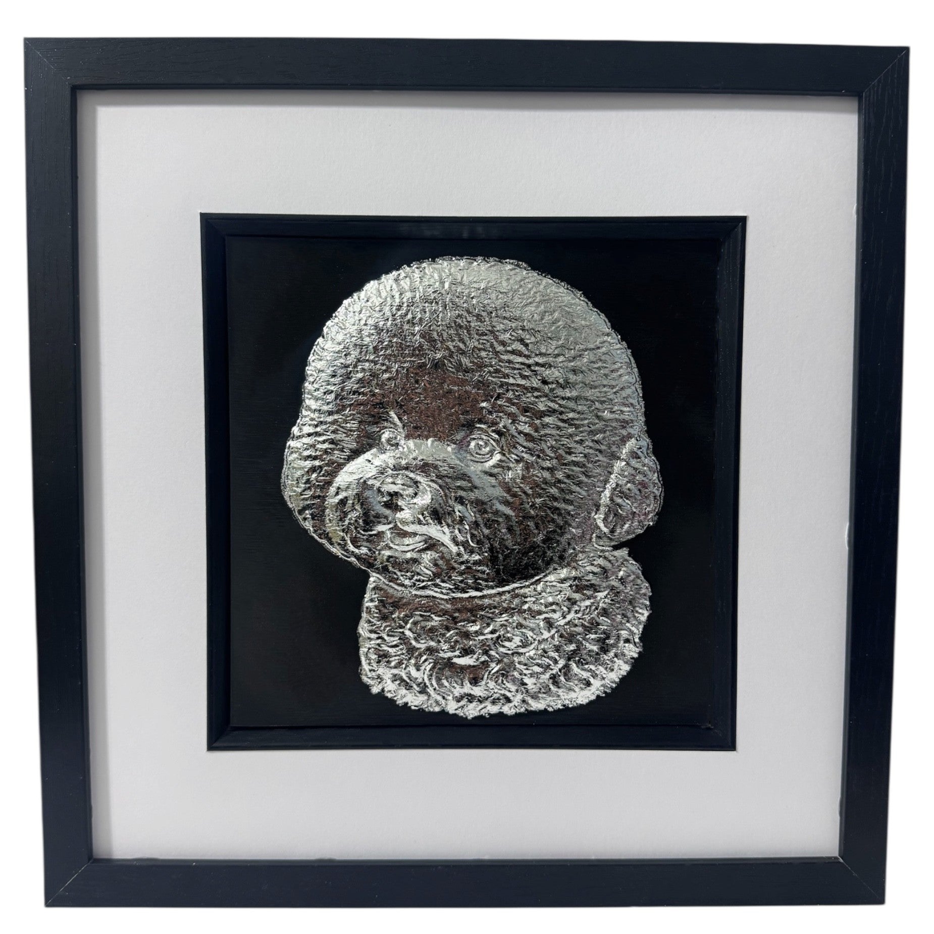 Bichon Frise framed wall art finished in silver leaf with black frame and white mount
