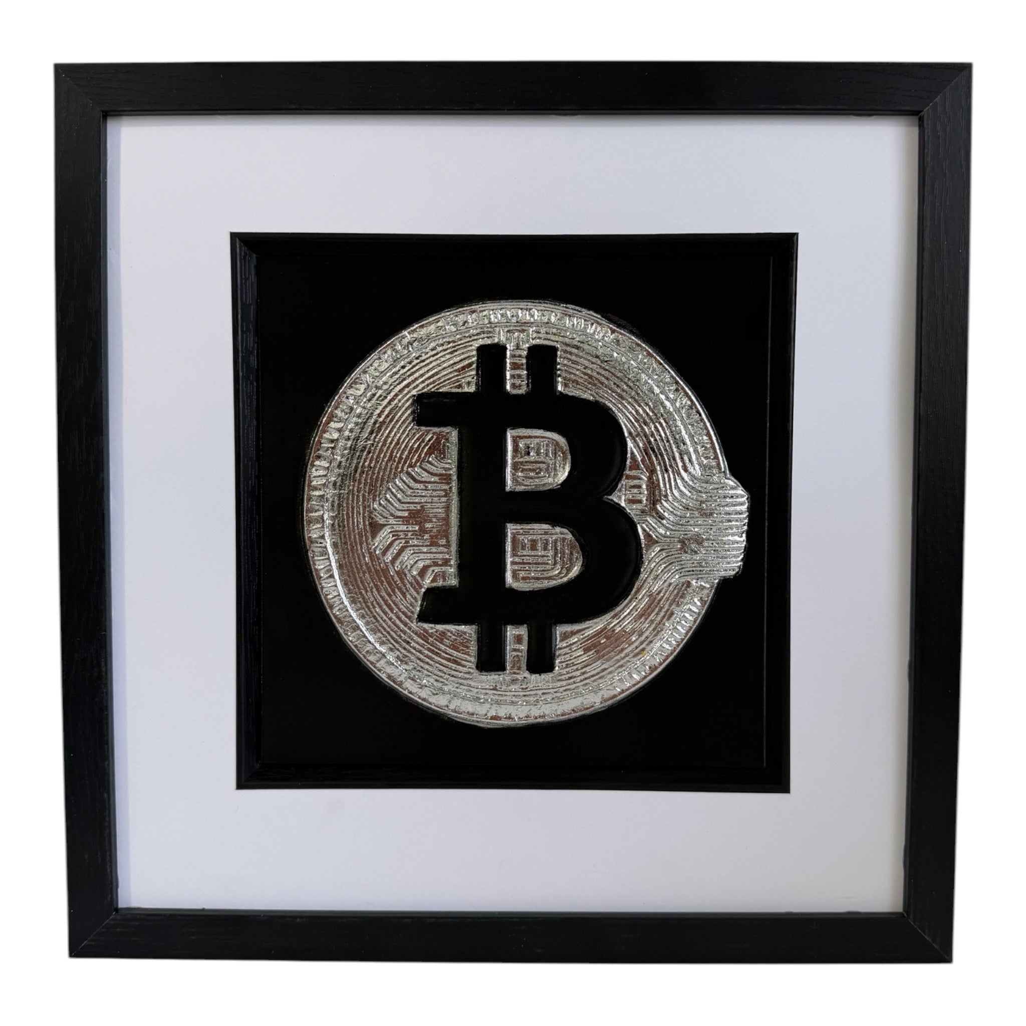 Bitcoin symbol silver leaf framed wall art front view