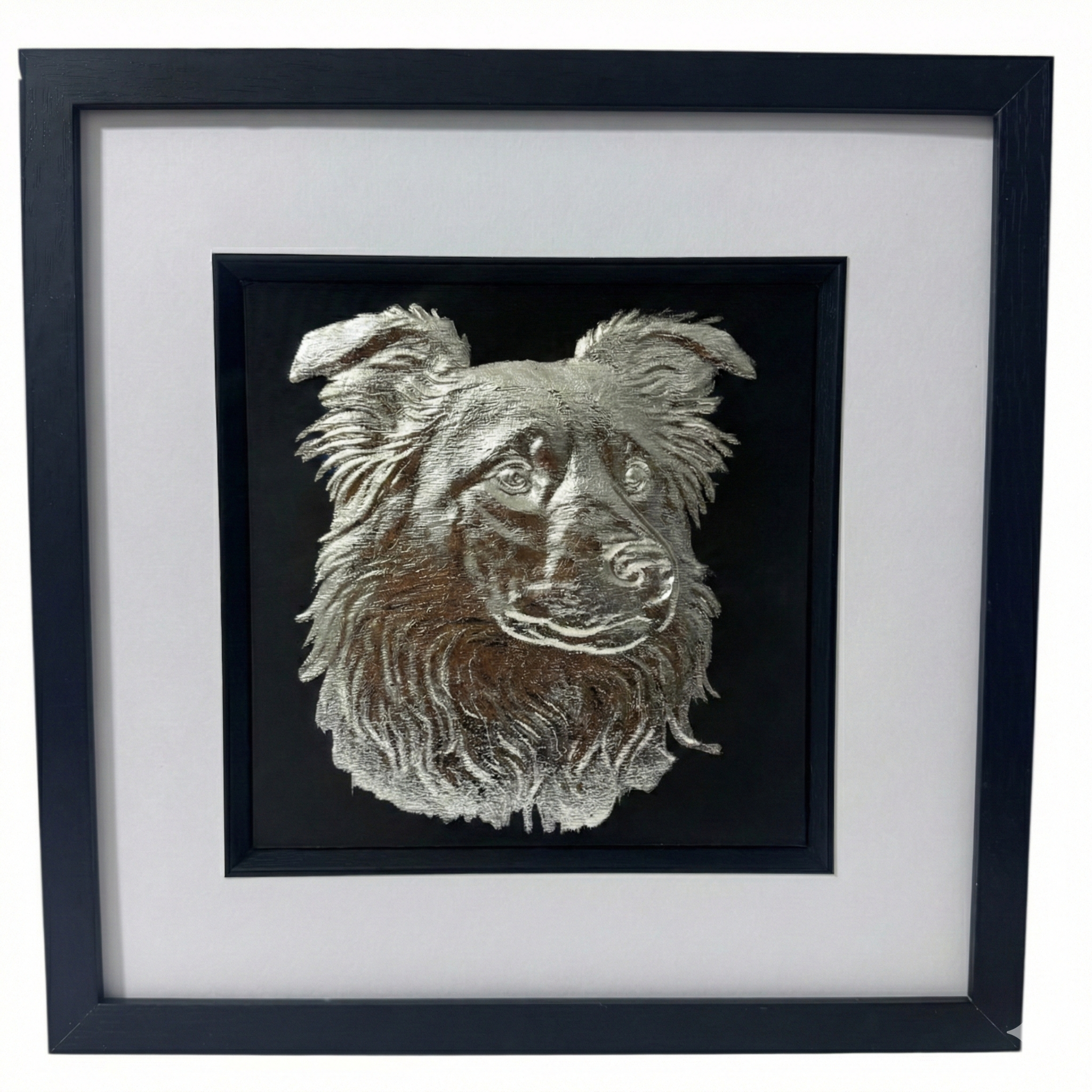 silver leaf border collie 3d wall art front view