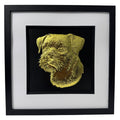 Border Terrier framed wall art finished in gold leaf with black frame and white mount